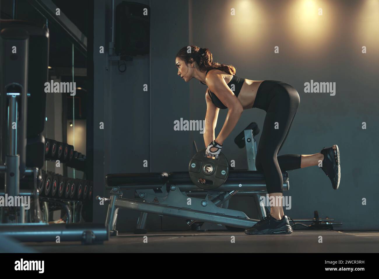 Sporty woman exercising with weight plate in the gym. Stock Photo