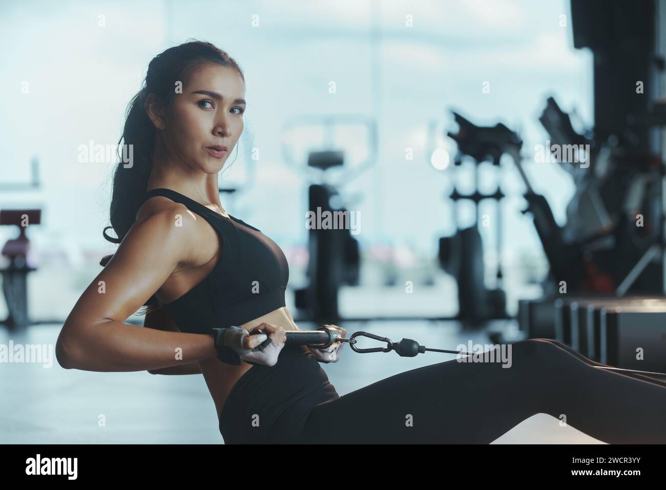 Sporty woman exercising on multistation at gym for arm and shoulders muscles. Fitness exercising in gym. Stock Photo