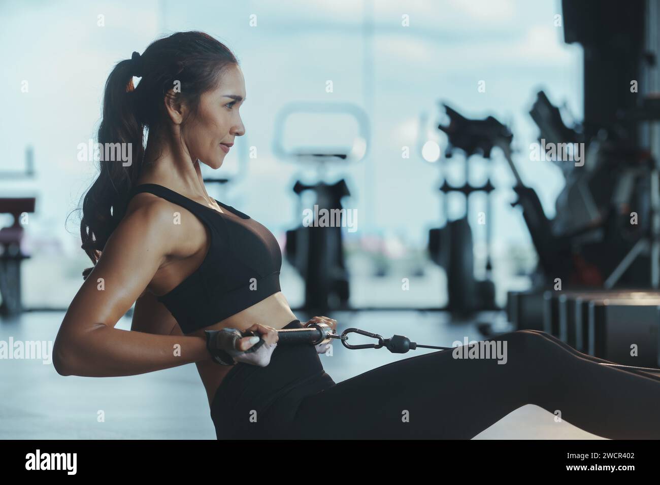 Sporty woman exercising on multistation at gym for arm and shoulders muscles. Fitness exercising in gym. Stock Photo