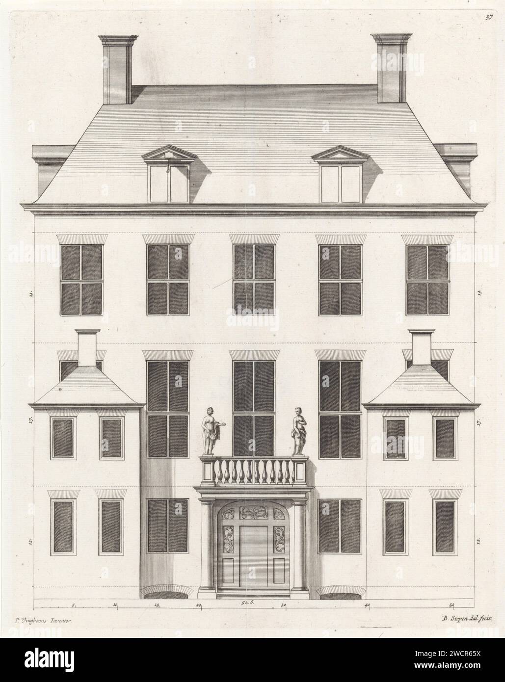 Rear facade of a house on Keizersgracht in Amsterdam, Bastiaen Stopendael, after Philips Vinckboons (II), 1674 print Rear facade of a house on Keizersgracht in Amsterdam, built on behalf of Isaak Jan Nijs in 1664-1666. The house was designed by Philips Vingboons. Amsterdam paper etching / engraving exterior  architectural design or model Stock Photo