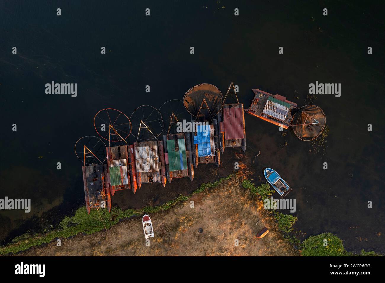 Kapenta fishing boats can be seen moored on Lake Kariba, Zimbabwe Stock ...