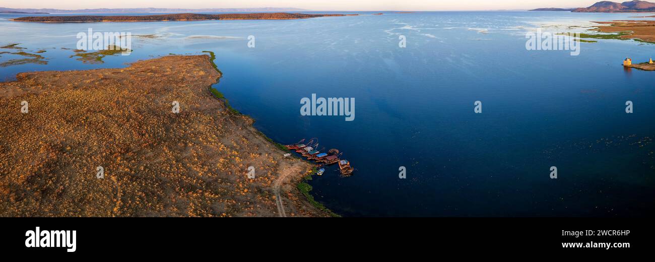 Kapenta fishing boats can be seen moored on Lake Kariba, Zimbabwe Stock ...