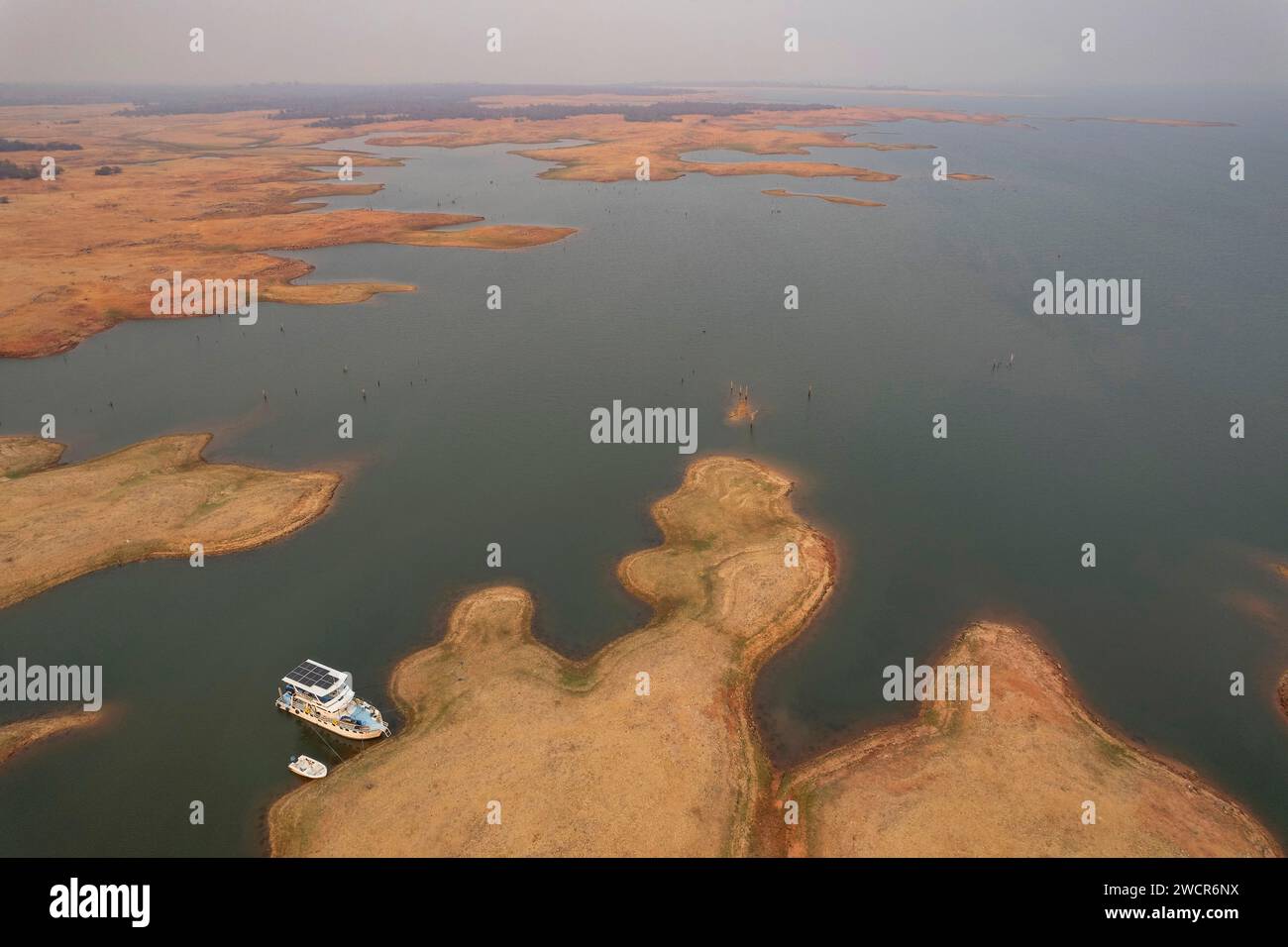 A houseboat can be seen in this aerial image of Lake Kariba, Zimbabwe. Stock Photo