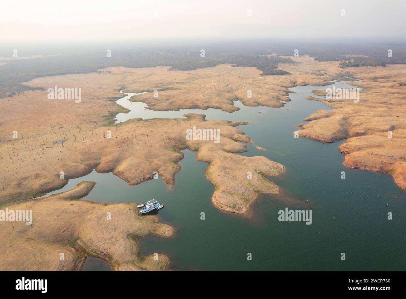 A houseboat can be seen in this aerial image of Lake Kariba, Zimbabwe. Stock Photo