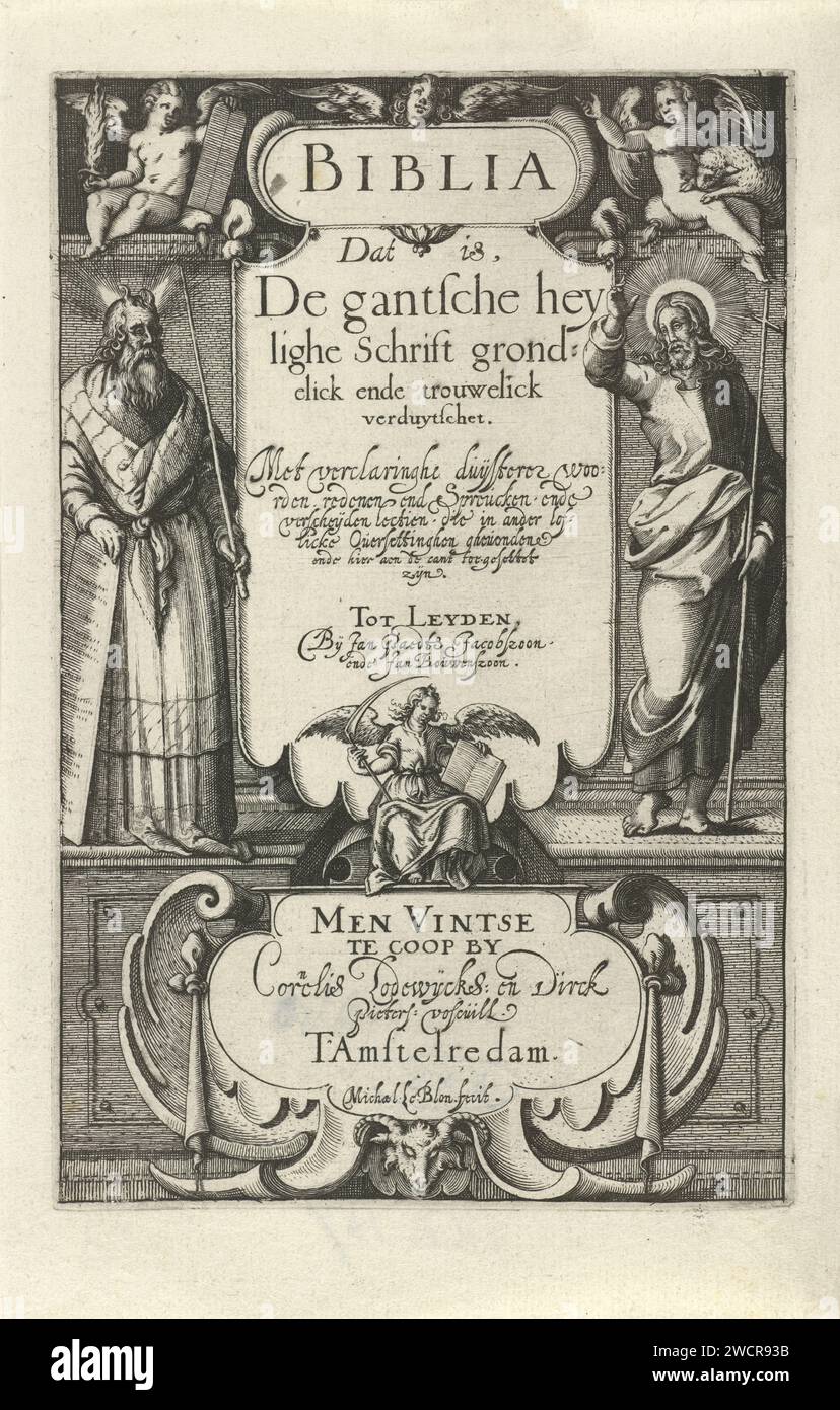 Moses and Christ, Michiel Le Blon, 1614 print Moses and Christ flanks the Vellum on which the title of the work is. Above Moses is a putto with the dining of the law and a flaming sword, above Christ a putto with a lamb and a palm branch. Under the Vellum is an angel with scythe and opened book.  paper etching / engraving Moses (not in biblical context); possible attributes: rays of light or horns on his head, rod, Tables of the Law. Christ as adult Stock Photo