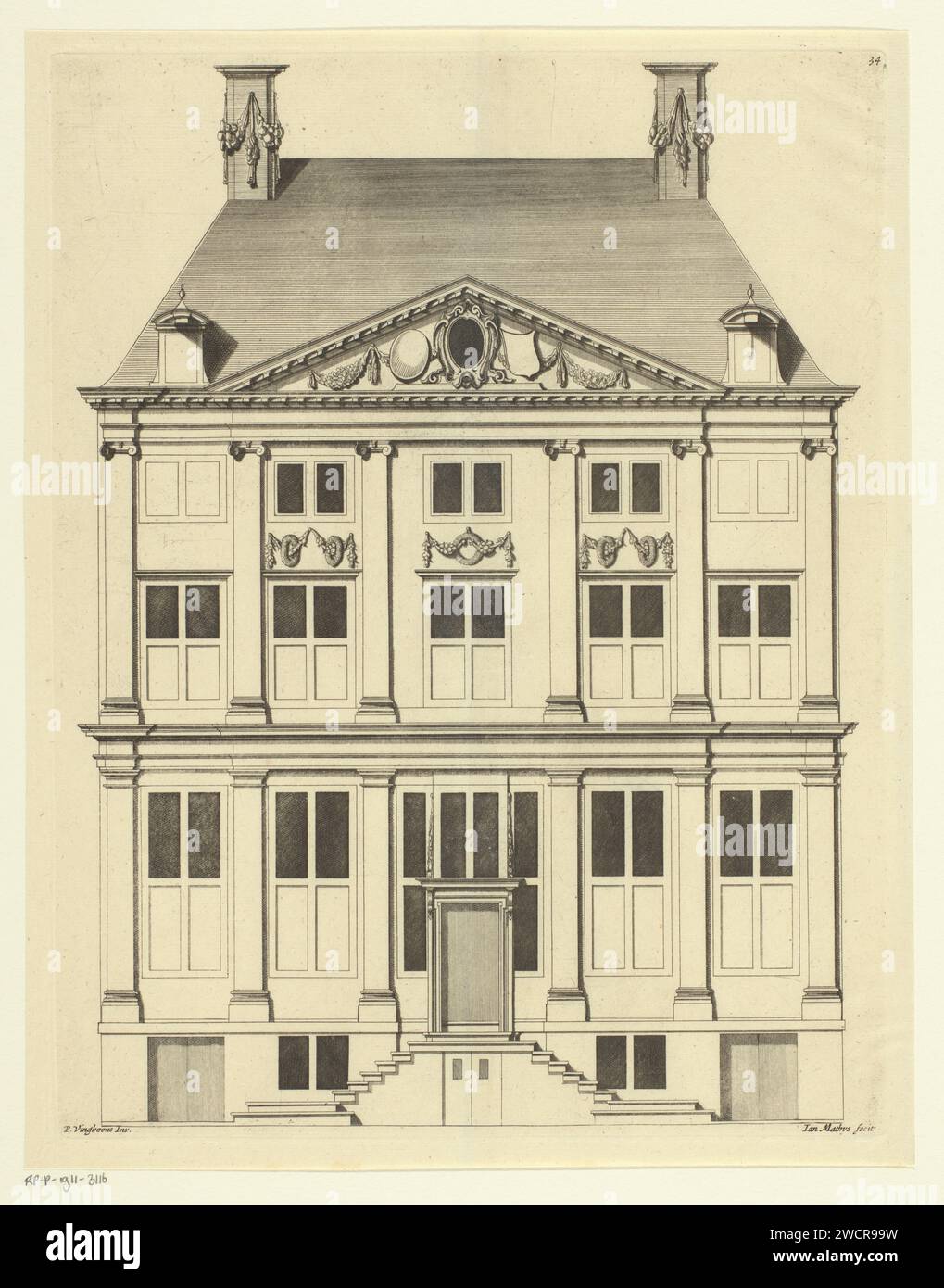 Facade of a house in Amsterdam, Jan Matthysz., After Philips VinckBoons (II), 1674 print Front the house on Herengracht 386 in Amsterdam, which was commissioned by Karel Gerards to design by Philips Vingboons. Amsterdam paper etching / engraving exterior  architectural design or model Stock Photo