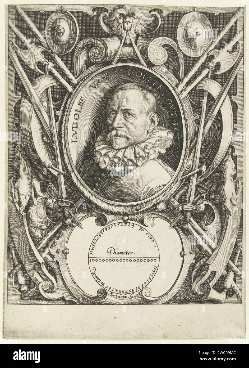 Portrait of Ludolf van Ceulen at the age of 56, Jacques de Gheyn (II), 1596 print Buste van Ludolf van Ceulen (Hildesheim, January 28, 1540 - Leiden, 31 December 1610) at the age of 56, with loose -pleated collar, in oval with edge, contained in ornament list with rolling and weapons. Under the portrait an image of a circle with a description of the number pi. Under the performance, space has been left empty for a caption. Van Ceulen was Schermer and Mathematicus. He became (according to Meursius in 1599, according to the resolutions of curators on January 10, 1600) on the recommendation of Pr Stock Photo