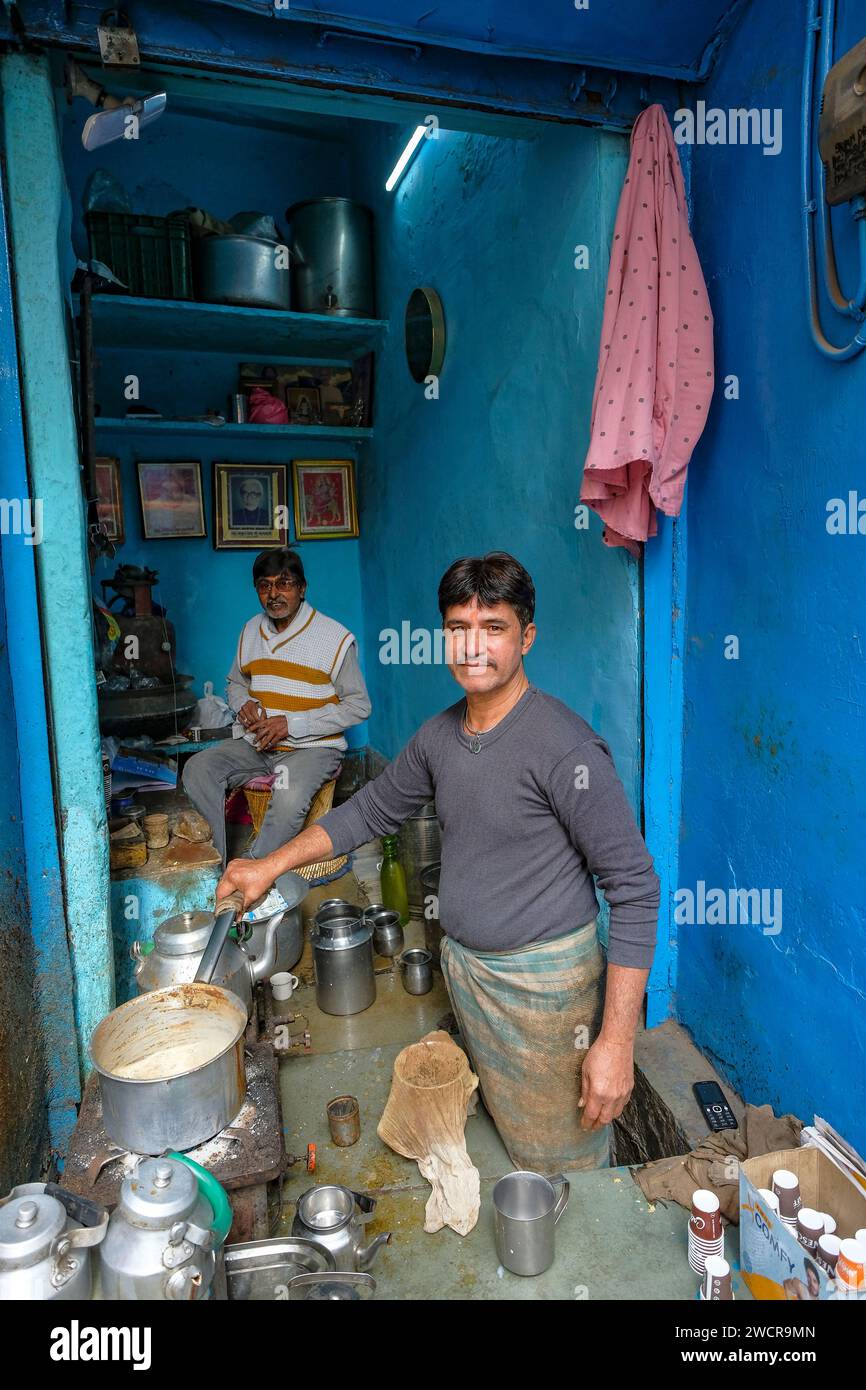 Ajmer, India - January 3, 2024: A man making tea on a street in Ajmer, India. Stock Photo