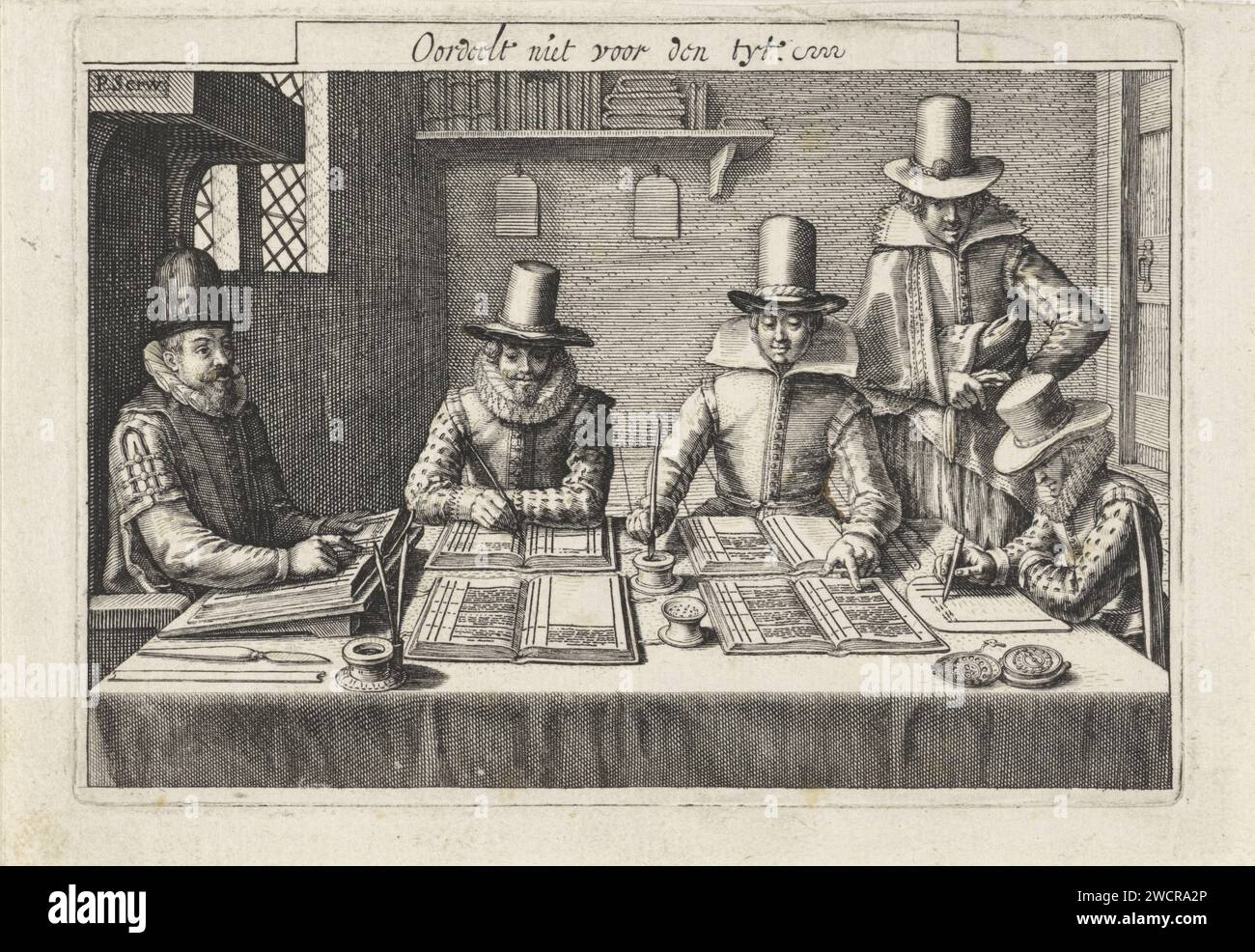 Bookkeepers at work, Pieter Serwouters, 1601 - 1657 print Math school in which the accounting is taught. At a table is on the left, in a chair with canopy, the calculator. Three students are writing with calculation books. A fourth is watching the table on the right. A bookshelf and two writing tablets against the back wall of the departure. There above the meaning 'does not judge for the tyt'. Above the image the title of the book, the name of the author and a short content of content. Under the print the impressum. Amsterdam paper engraving / etching bookshelves. book-keeping, accountant. bo Stock Photo