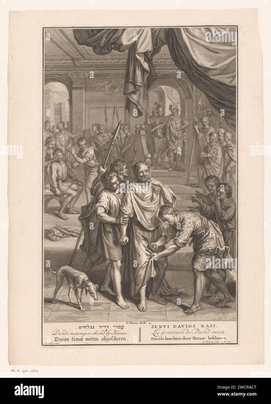 Davids servants at Hanun, Quiryn Fonbonne, After Gerard Hoet (I), 1720 - 1728 print  Amsterdam paper etching / engraving Hanun, king of the Ammonites, mistreats David's messengers: their beards are shaven off and their clothes are cut off Stock Photo