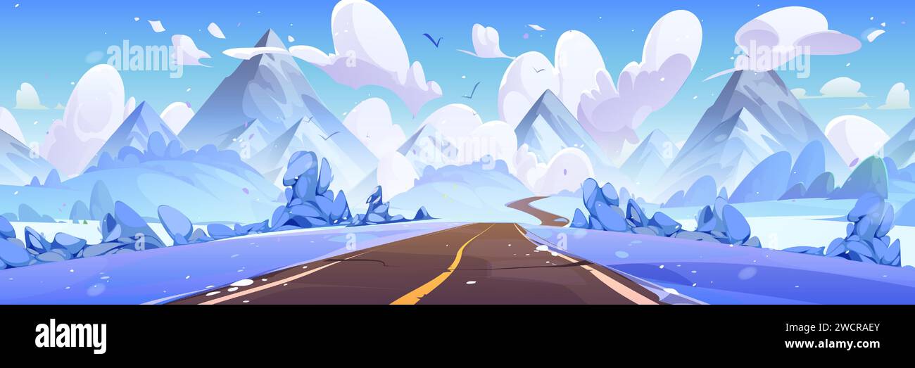 Empty road in middle of snowy meadows with bushes and trees leading to rocky mountains in winter. Cartoon cold season landscape with asphalt highway, fields covered with snow and hills on horizon. Stock Vector