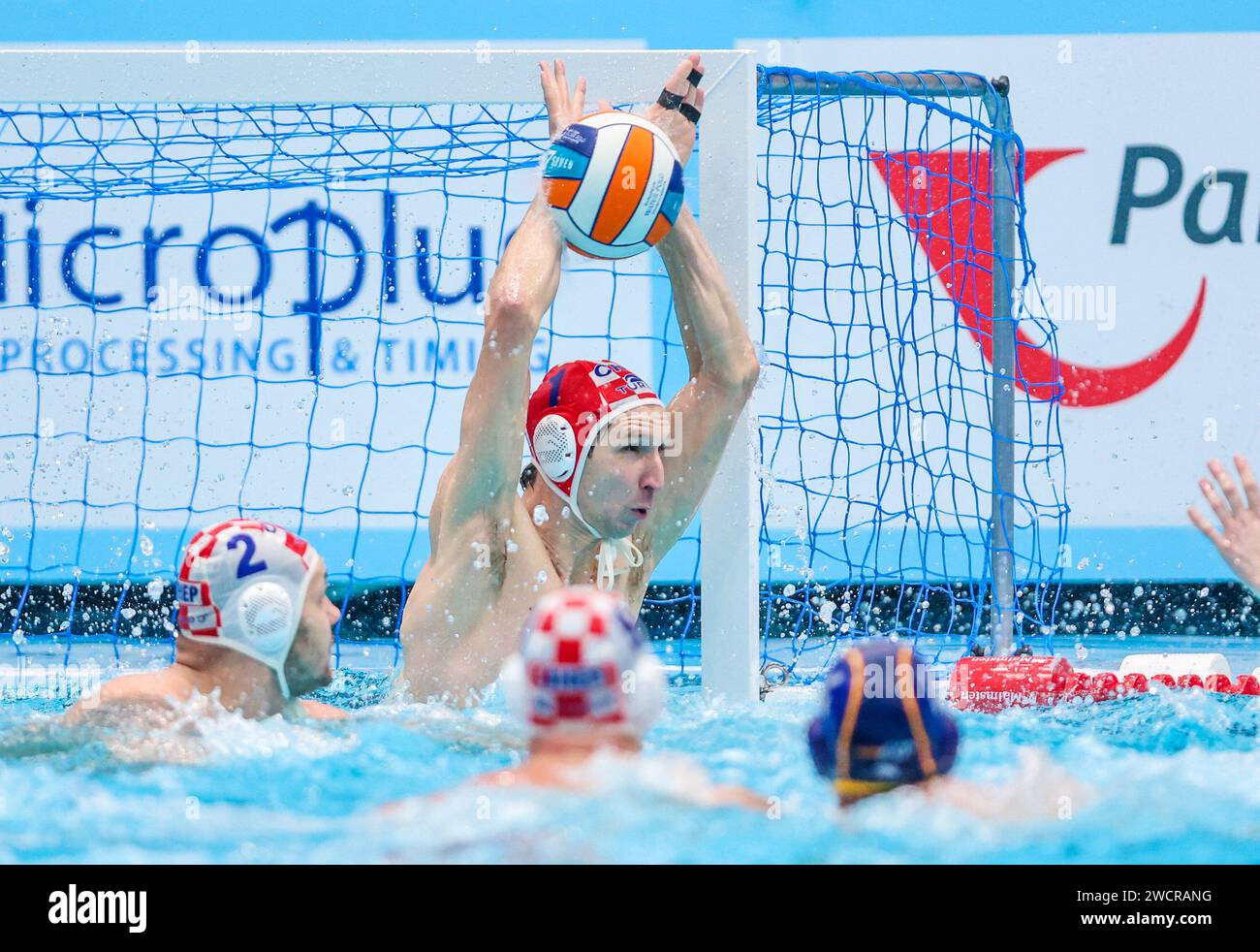 Zagreb. 16th Jan, 2024. Goalkeeper Marko Bijac (Top) of Croatia makes a