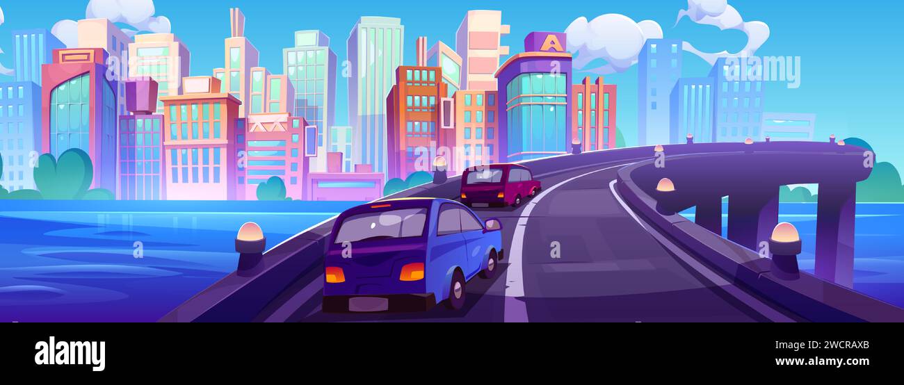 Cars on river bridge against cityscape background. Vector cartoon illustration of modern skyscrapers and city buildings, autos driving flyover road above water, green trees, blue sunny sky with clouds Stock Vector