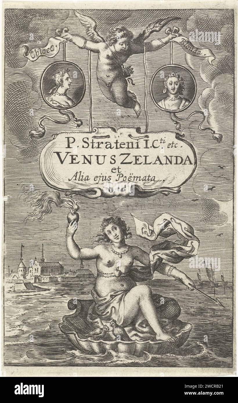 Venus on a shell with burning heart and arrow drives off the coast of Zeeland, above it two medallions with portraits of cloës and blondae and cartouche with a title held by Amor, Cornelis van Dalen (I), 1641 print  print maker: Amsterdampublisher: The Hague paper etching / engraving (story of) Venus (Aphrodite). (story of) Cupid, Amor (Eros) Stock Photo