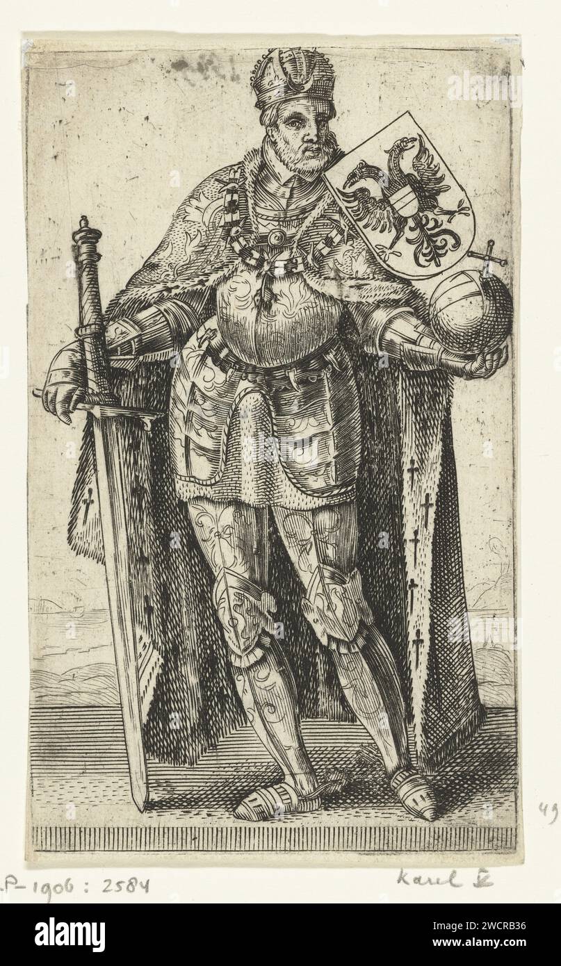 Portrait of Charles V of Habsburg, German Emperor, King of Spain, Adriaen Matham, 1620 print Portrait of Charles V of Habsburg, German emperor, king of Spain, standing in a harness with rich apple, sword and coat of arms. Print from a series of 36 prints with portraits in full of graves and engines of Holland. Haarlem paper engraving nobility and patriciate; chivalry, knighthood Stock Photo