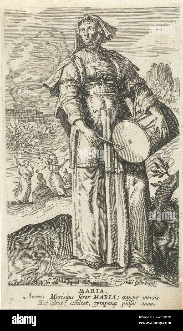 Mirjam, Jan Collaert (II), After Maerten de Vos, 1588 - 1595 print In the foreground Mirjam, the sister of Aaron and Moses. In the background, Mirjam, together with other women of Israel, celebrates the downfall of Pharaoh and his army. The print has a Latin caption and is part of a press series with famous women from the Old Testament. Antwerp paper engraving female persons from the Old Testament (with NAME) (not in biblical context). Miriam takes up a tambourine and dances; all the women follow her Stock Photo