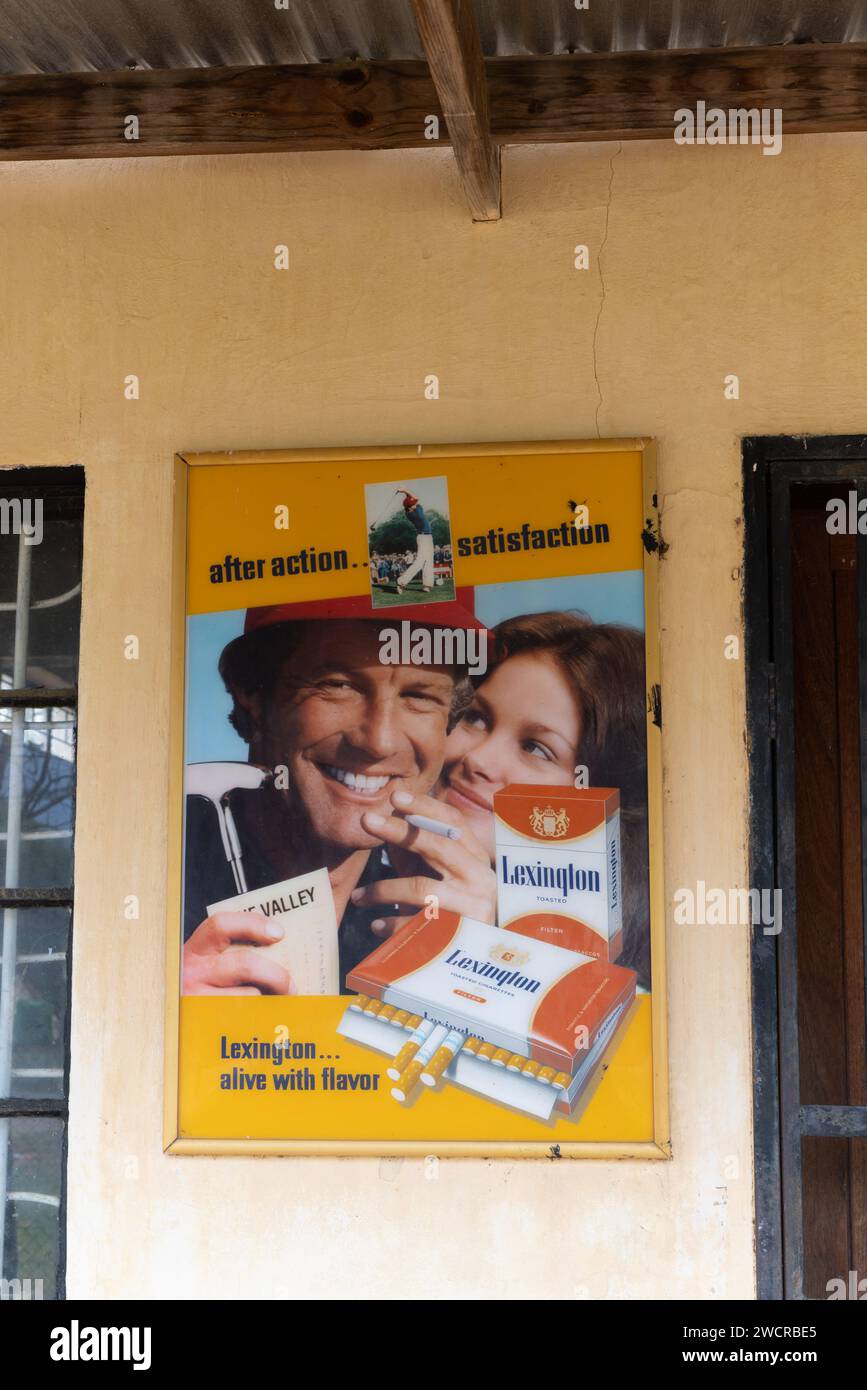 Manyana, Botswana 1.13.2024, vintage advert cigarettes and an old village shop, african brand Stock Photo
