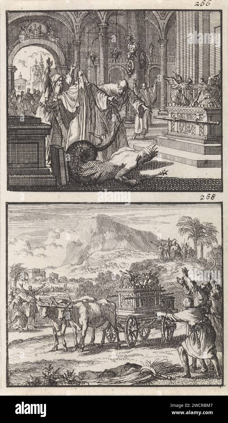 Ark of the covenant in the temple of Dagon / Return of the Ark of the Verbonds, Jan Luyken, 1698 print Two performances of a plate. Numbered at the top right: 266 and 268. Amsterdam paper etching the statue of Dagon in Ashdod falls down. the Ark of the Covenant returned to Israel Stock Photo