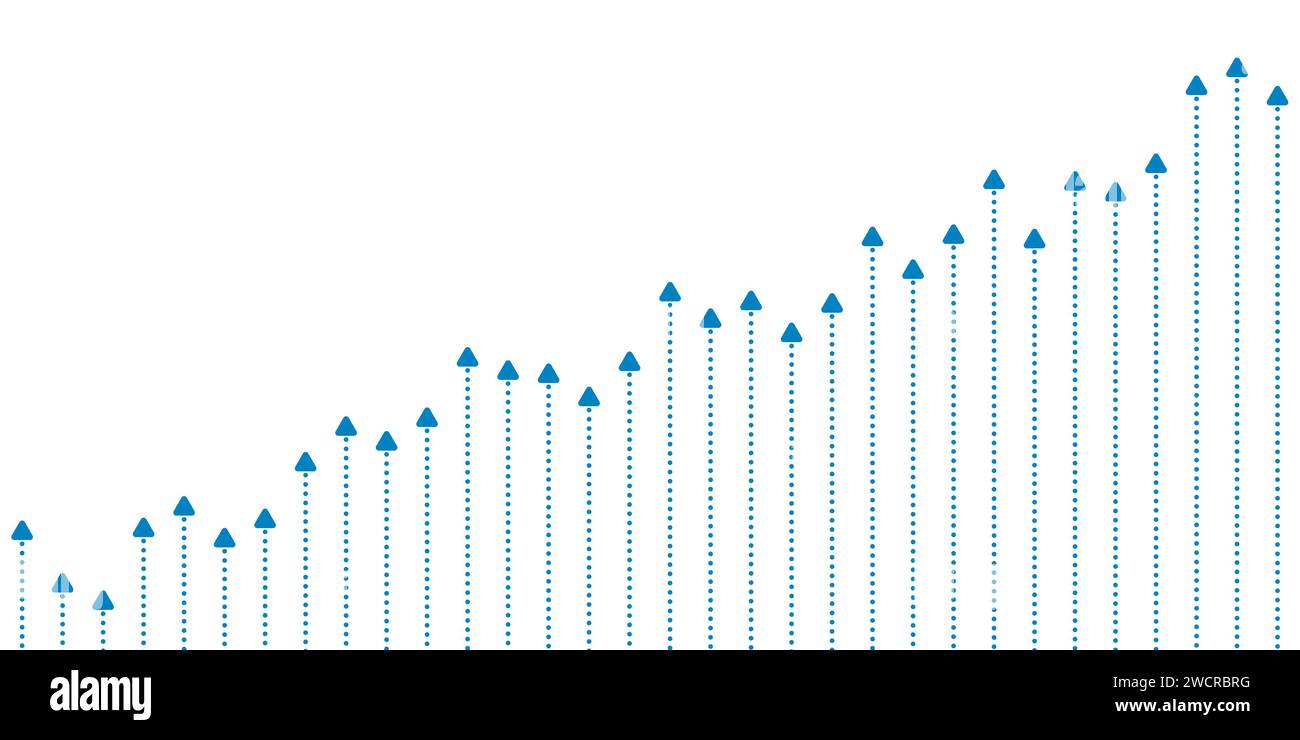 Abstract blue growing financial linear graph chart arrows background. Vector dotted lines tech design Stock Vector