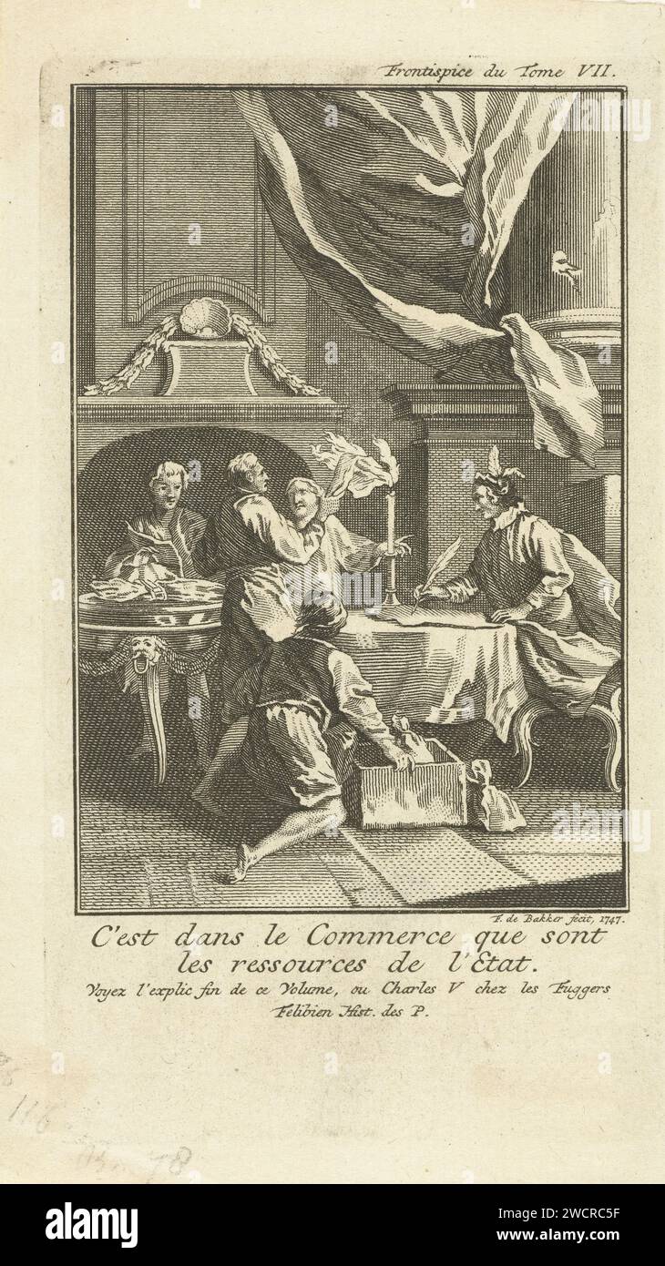 Karel V lends money to the Fuggers, Frans de Bakker, 1747 print Charles V is sitting at a table and writes with a writing spring on a paper. There are members of the Fugger banking family around the table. A servant gets a box of sakes with money under the table. With a caption in French of four lines. Amsterdam paper etching / engraving Stock Photo
