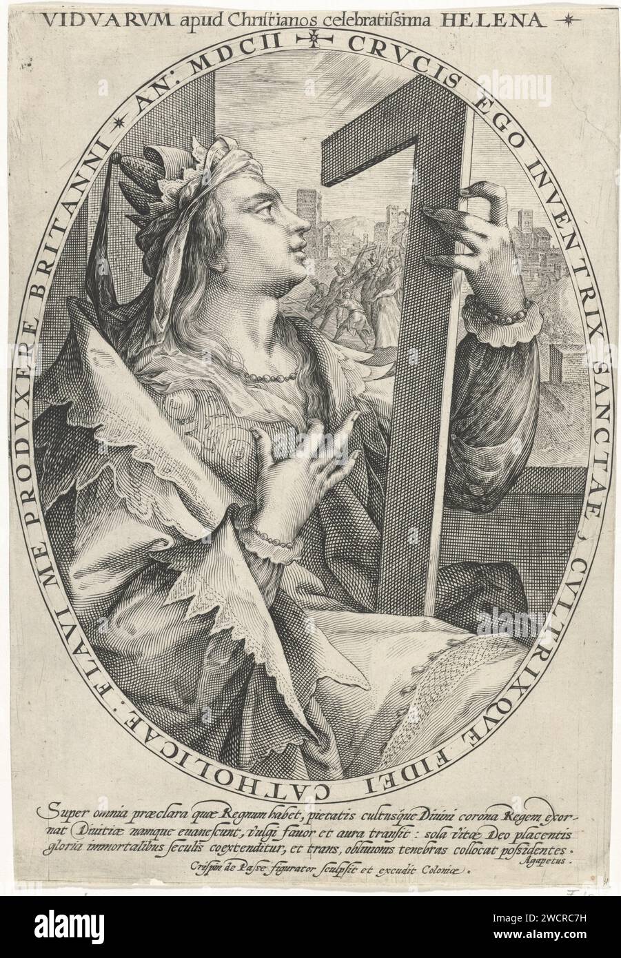 Holy Helena, Crispijn van de Passe (I), 1602 print The H. Helena with the cross in her hand. In the background the discovery by St. Helena of the true cross of Christ. The show is caught in an oval frame with an edge writing in Latin. In the margin a three -faced caption in Latin. Print from a series with famous women. Cologne paper engraving empress Helena, mother of Constantine the Great; possible attributes: model of church, (royal) crown, crown of thorns, cross, three nails. the finding of the True Cross. St. Helena (one of the nine worthiest women) Stock Photo