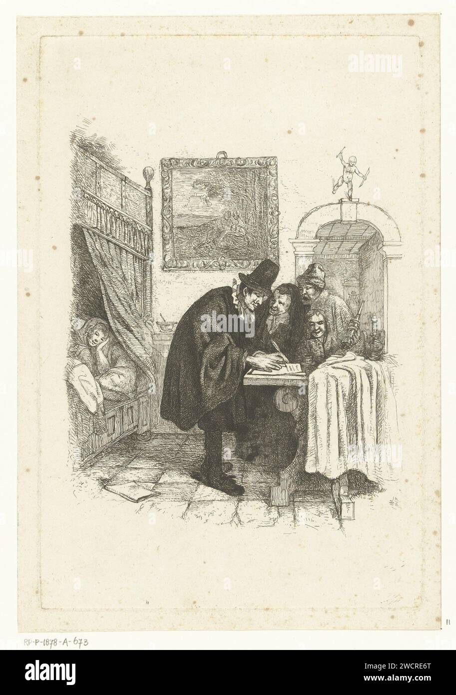 Doctor on a home visit to sick wife, Albertus Brondgeest, After Jan Havicksz. Steen, 1796 - 1849 print A doctor writes a recipe standing at a table. An old woman, a man with a cloud spray and a boy watch. The patient, a sick woman, is in bed. In the interior there is a painting on the wall with a pastoral scene. On top of the bar is a small statue of Amor. Netherlands paper etching physician, doctor. sick-bed Stock Photo