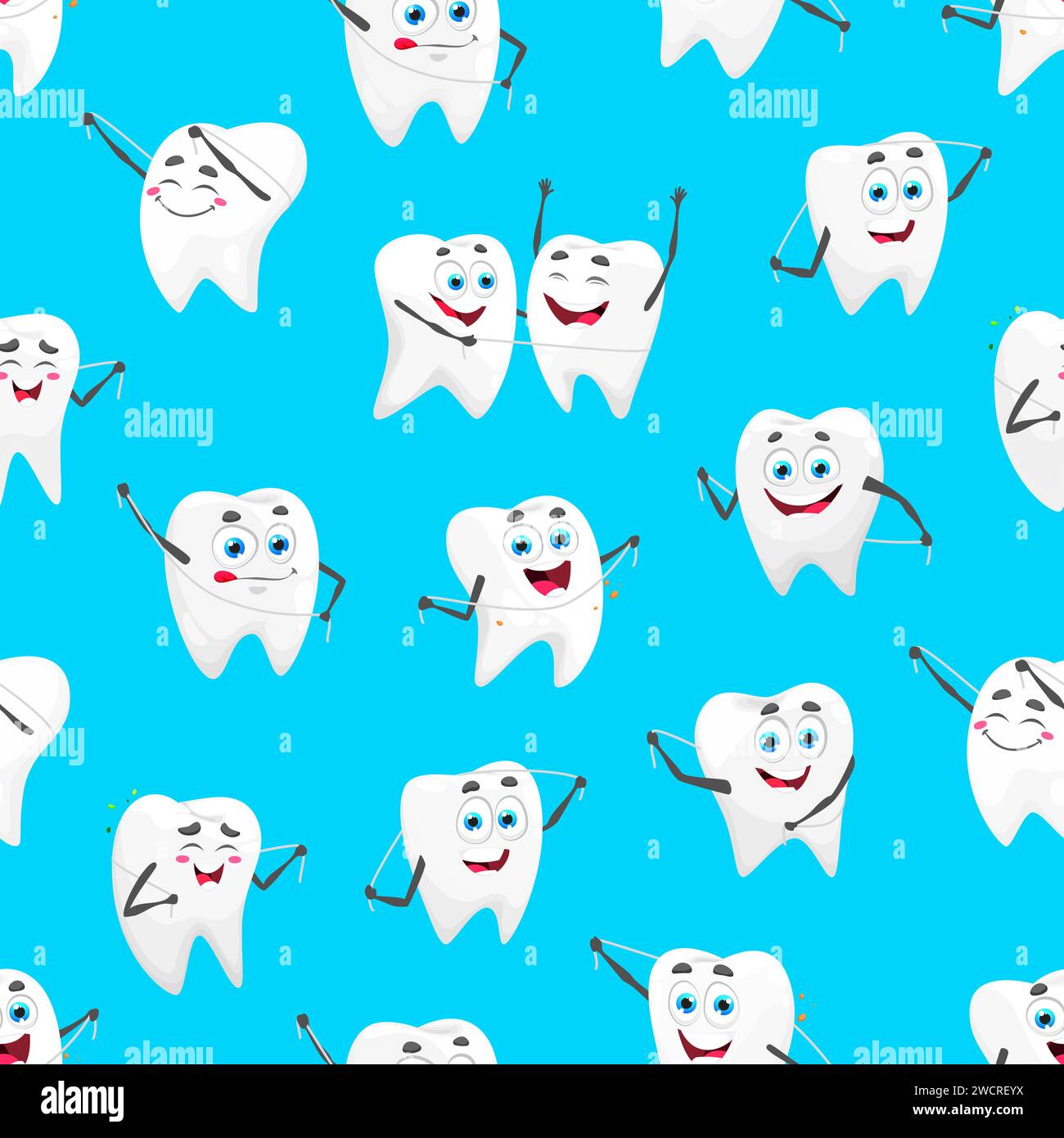 Cartoon tooth character with dental floss seamless pattern, vector ...