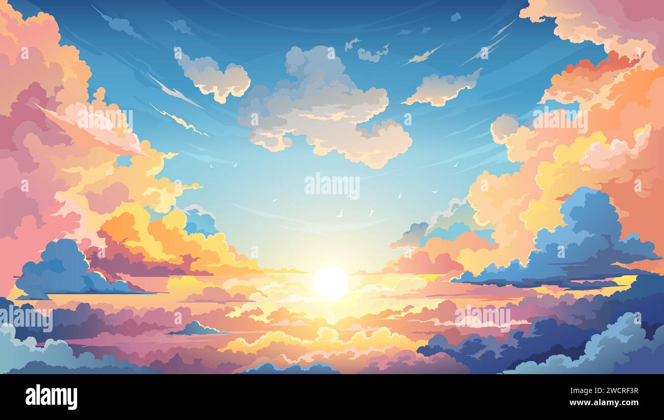 Sky sunset anime background with clouds, that dance across the horizon, creating a breathtaking and serene backdrop. Cartoon vector cumulonimbus cloudscape, heaven, nature peaceful dusk landscape Stock Vector