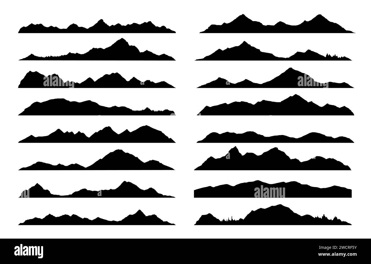 Mountain, hill and rock black silhouettes, vector rocky valley landscape shapes. Mount peak or canyon range and alpine valley hills silhouette icons for hiking, camping or climbing sport and travel Stock Vector