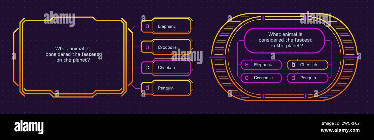 Quiz game template, contest question and answer option frames, vector layout. Trivia TV show or intellectual contest challenge and knowledge test neon background with question or answer option windows Stock Vector