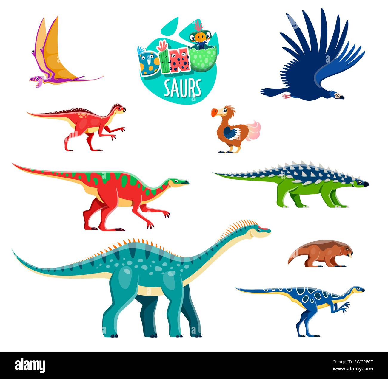 Funny cartoon dinosaurs characters. Jurassic era animal, paleontology or prehistoric reptile vector personage. Dimorphodon, Argentavis, Dodo and Saichania, Anatotitan, Gipsilofodon extinct dinosaur Stock Vector