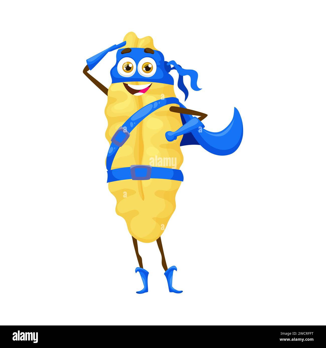 Cartoon gnocchetti sardi italian pasta food superhero character. Isolated vector lively super hero macaroni personage adorned with animated features and blue costume that reflects their heroic nature Stock Vector