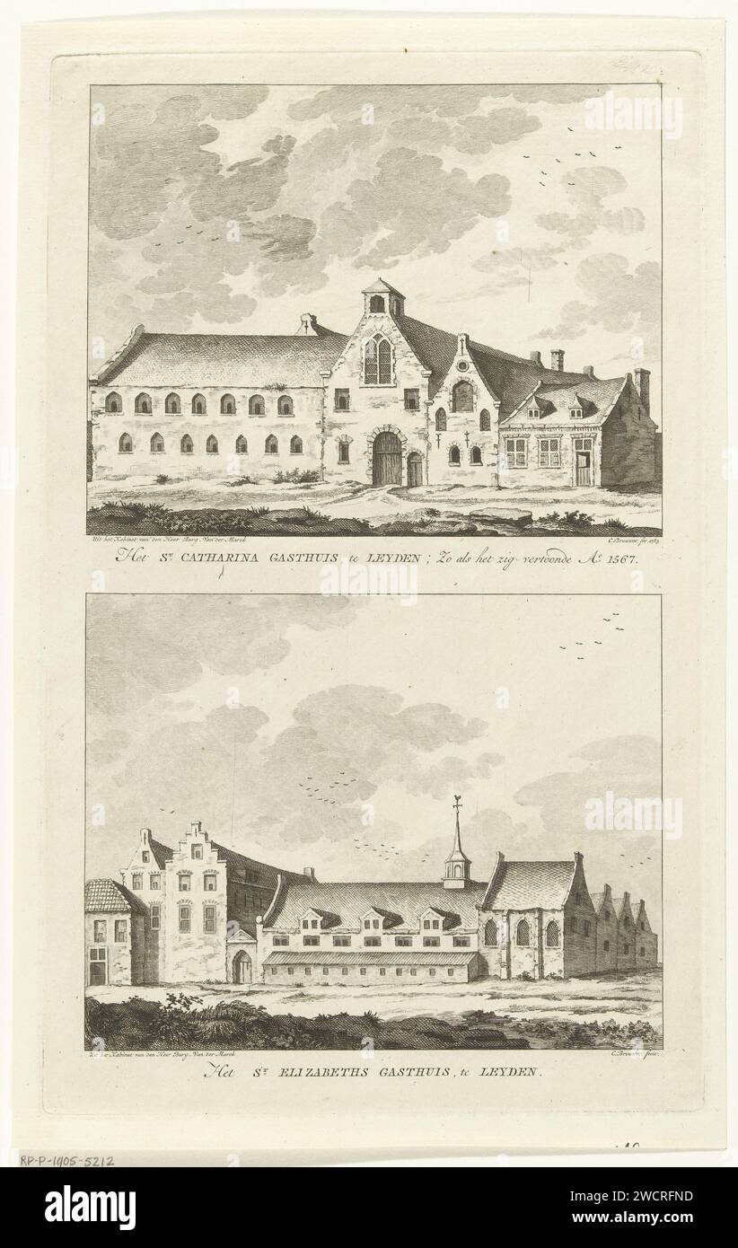 Two faces on monasteries in Leiden: Catharina-Gasthuis Anno 1567 and Elisabethsgasthuis, Cornelis Brouwer, After Unknown, 1783 print  Netherlands paper etching abbey, monastery, convent  Roman Catholic church To lead. Sint-Catharinagasthuis Stock Photo