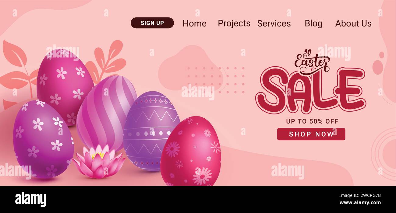 Easter sale website vector design. Easter sale text website wall paper for shopping button and icon wallpaper background. Vector illustration easter Stock Vector