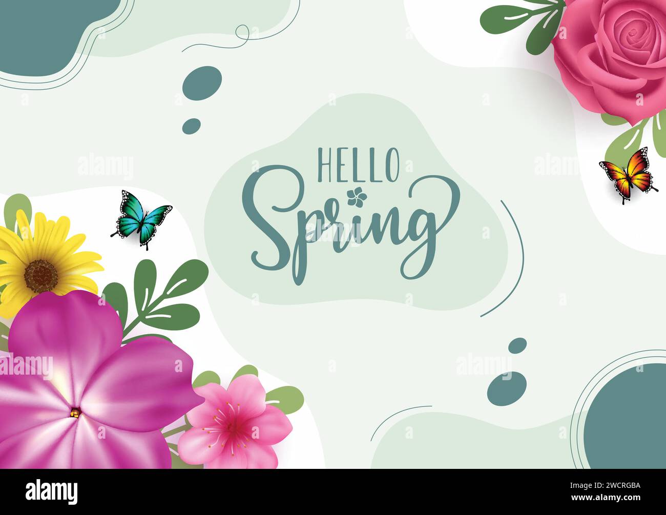 Hello spring greeting vector design. Spring season greeting card with ...