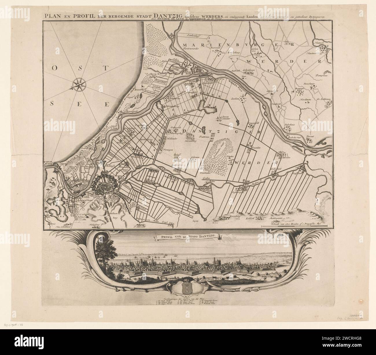 Map of the surroundings of Gdansk and a view of Gdansk, Anonymous, Hendrik de Leth, 1726 - 1766 print  Amsterdam paper etching / engraving maps of separate countries or regions. maps of cities. prospect of city, town panorama, silhouette of city. coat of arms (as symbol of the state, etc.) (+ city; municipal) Gdansk Stock Photo