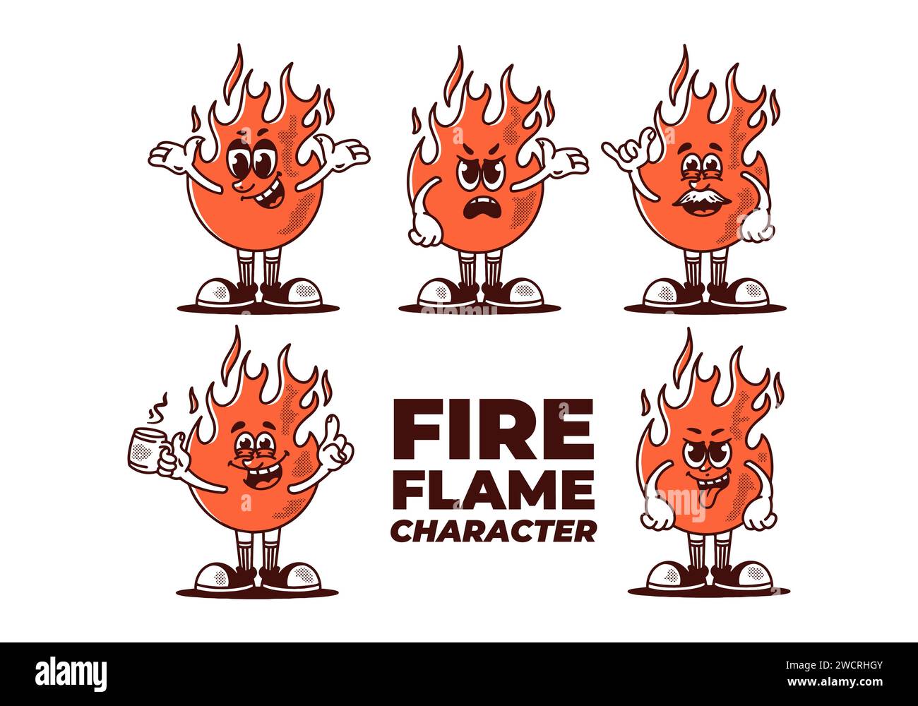 Vintage style illustration of a fire flame set character in five different pose. Red color Stock Vector