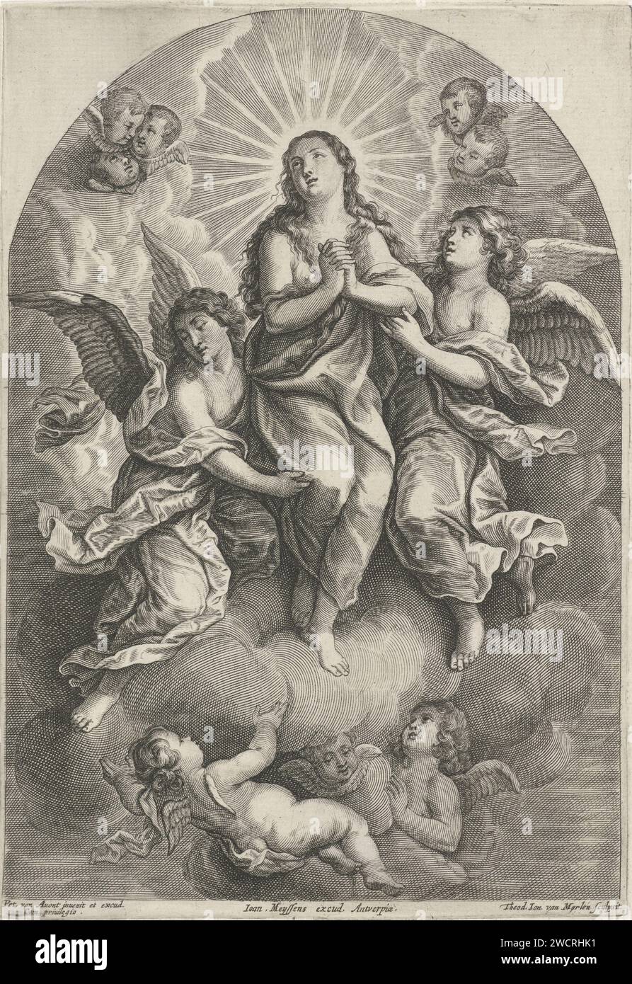 Saint Mary Magdalene is led by two angels to heaven. In the clouds