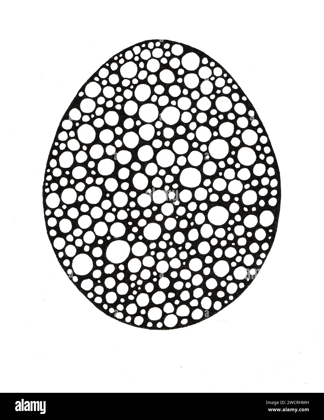 The black oval is filled with white circles and dots of different sizes. Isolated on white background. Easter egg. It is a tradition to paint eggs on Easter. Doodle. Stock Photo