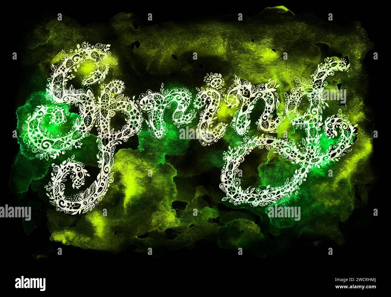 Doodle lettering word Spring. In white color. Background of yellow ...