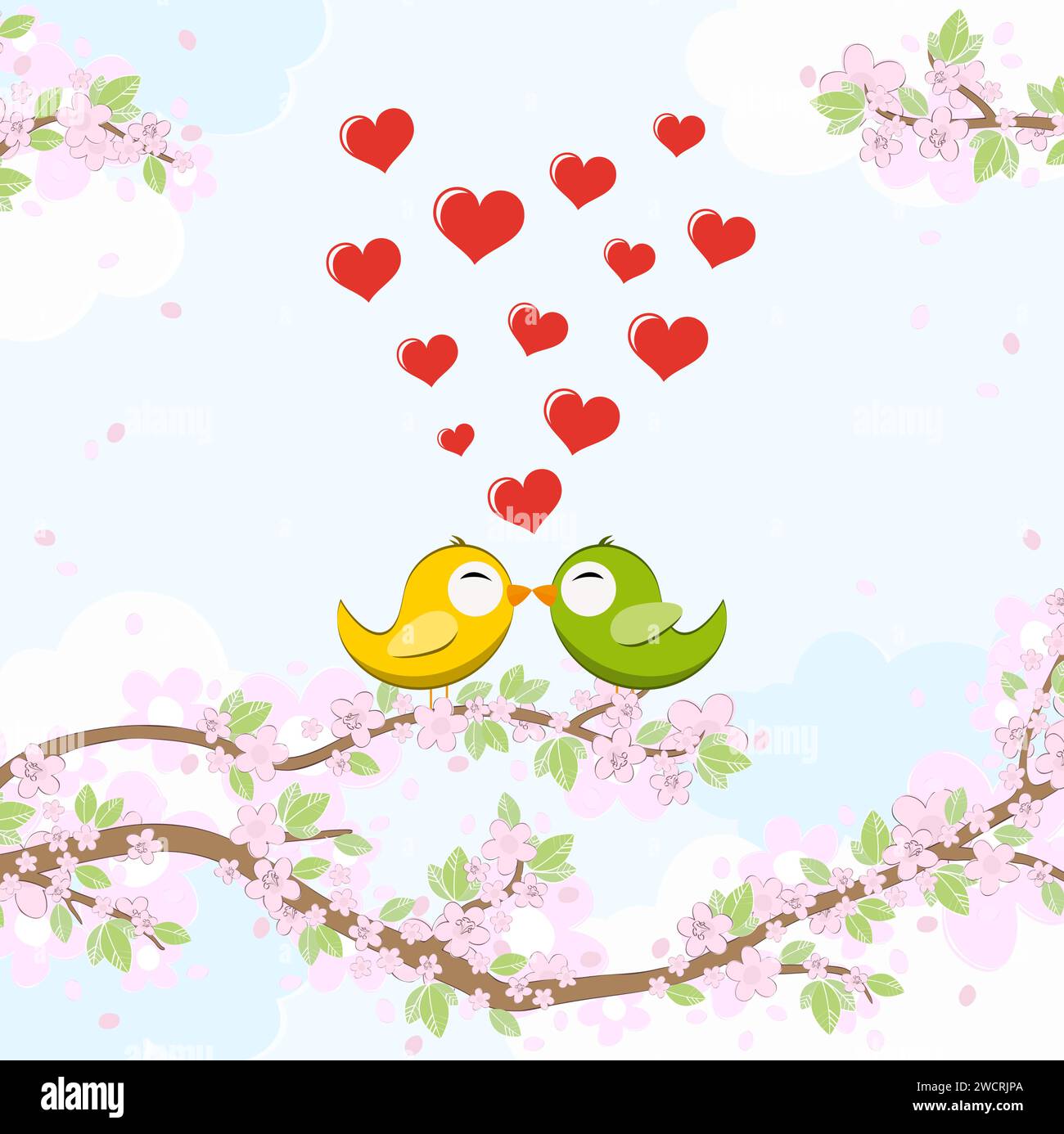 eps vector file with yellow and green colored kissing birds in love sitting on branches with blossoms and green leaves in spring time, background with Stock Vector