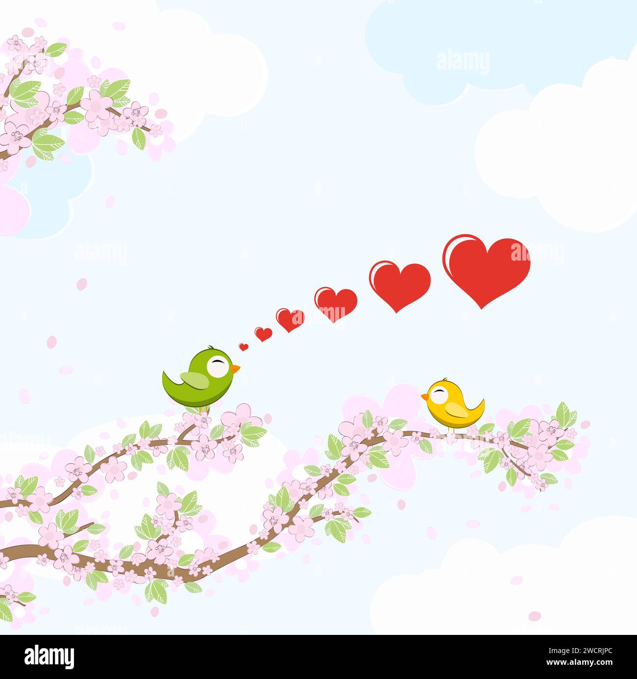 eps vector file with green and yellow colored birds in love, flying and sitting on branches with blossoms and green leaves in spring time, background Stock Vector