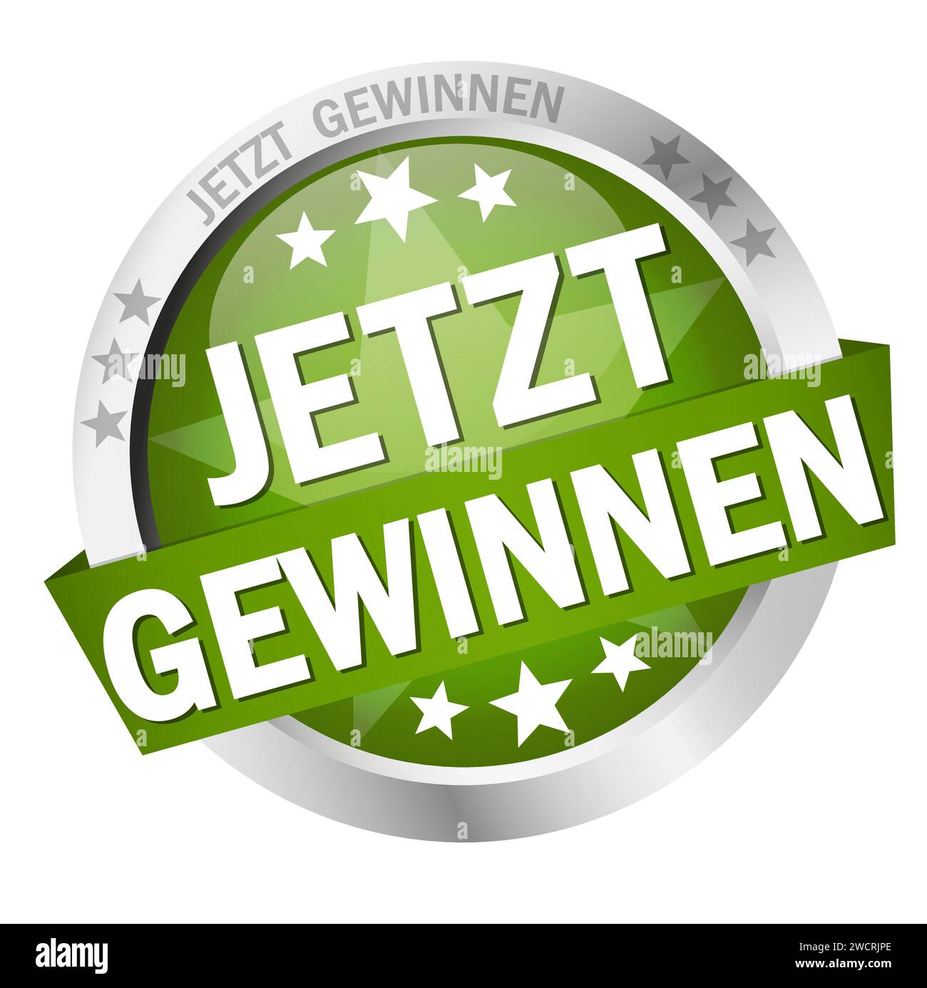 EPS 10 vector with round colored button with banner and text win now (in german) Stock Vector