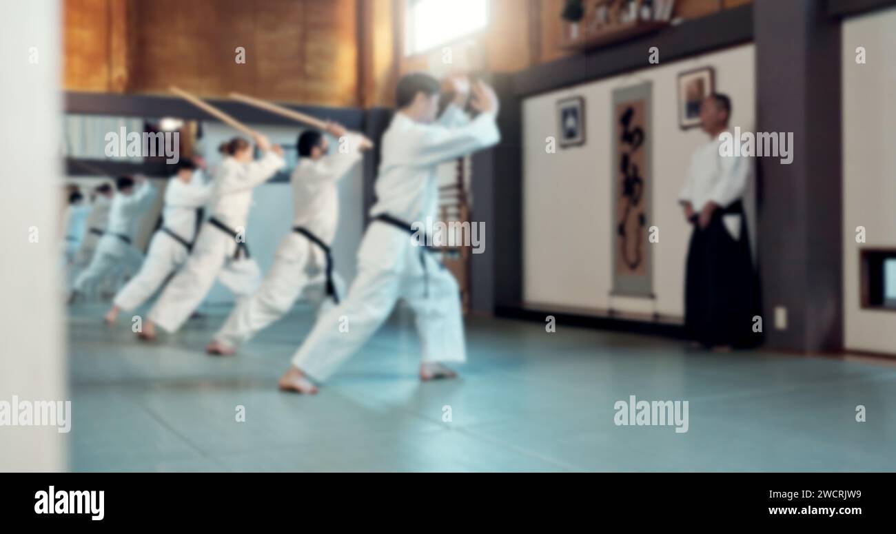 Teacher, students and taekwondo, karate and men in self defense class ...