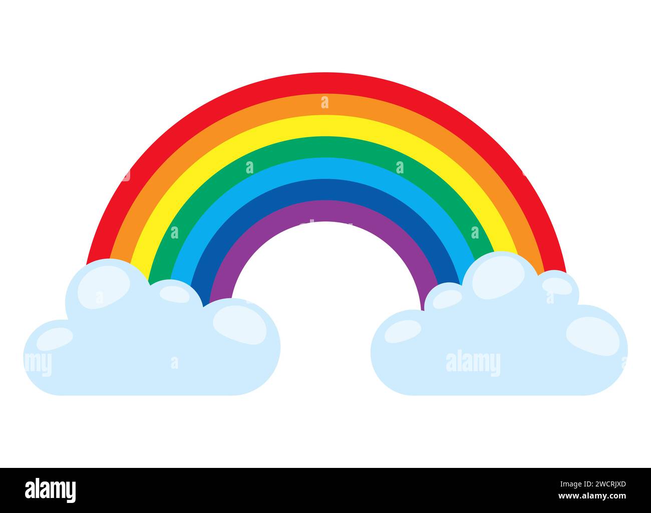 eps vector illustration showing wonderful colored rainbow with light blue clouds at the ends Stock Vector