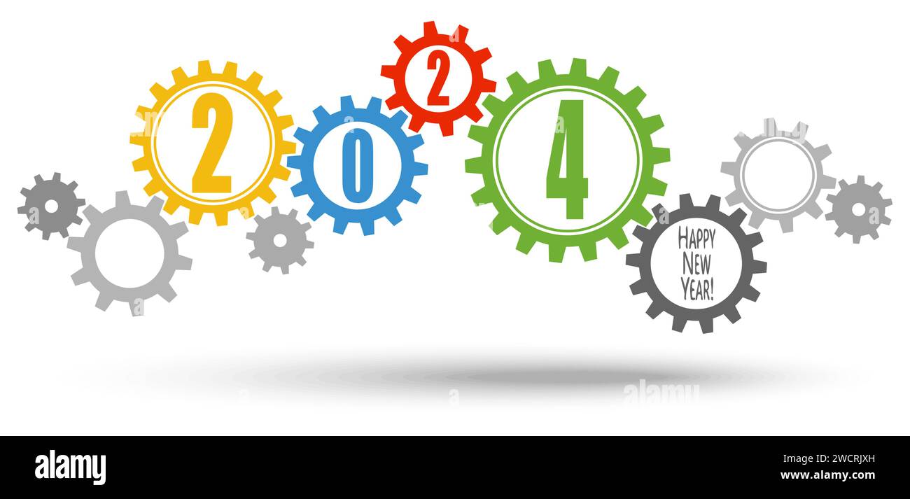 eps vector file with cooperation gears in different colors for New Year 2024 business greetings Stock Vector