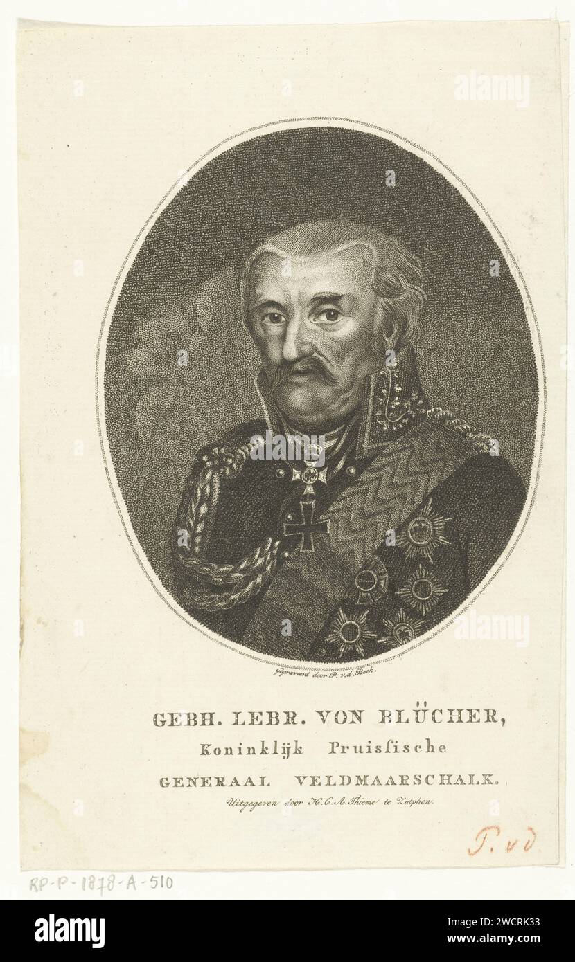 Portrait of Prussian General Gebhart Leberecht von Blücher Vorst van Wahlstatt, Pieter van der Beek, 1800 - 1821 print  Zutphen paper etching Stock Photo