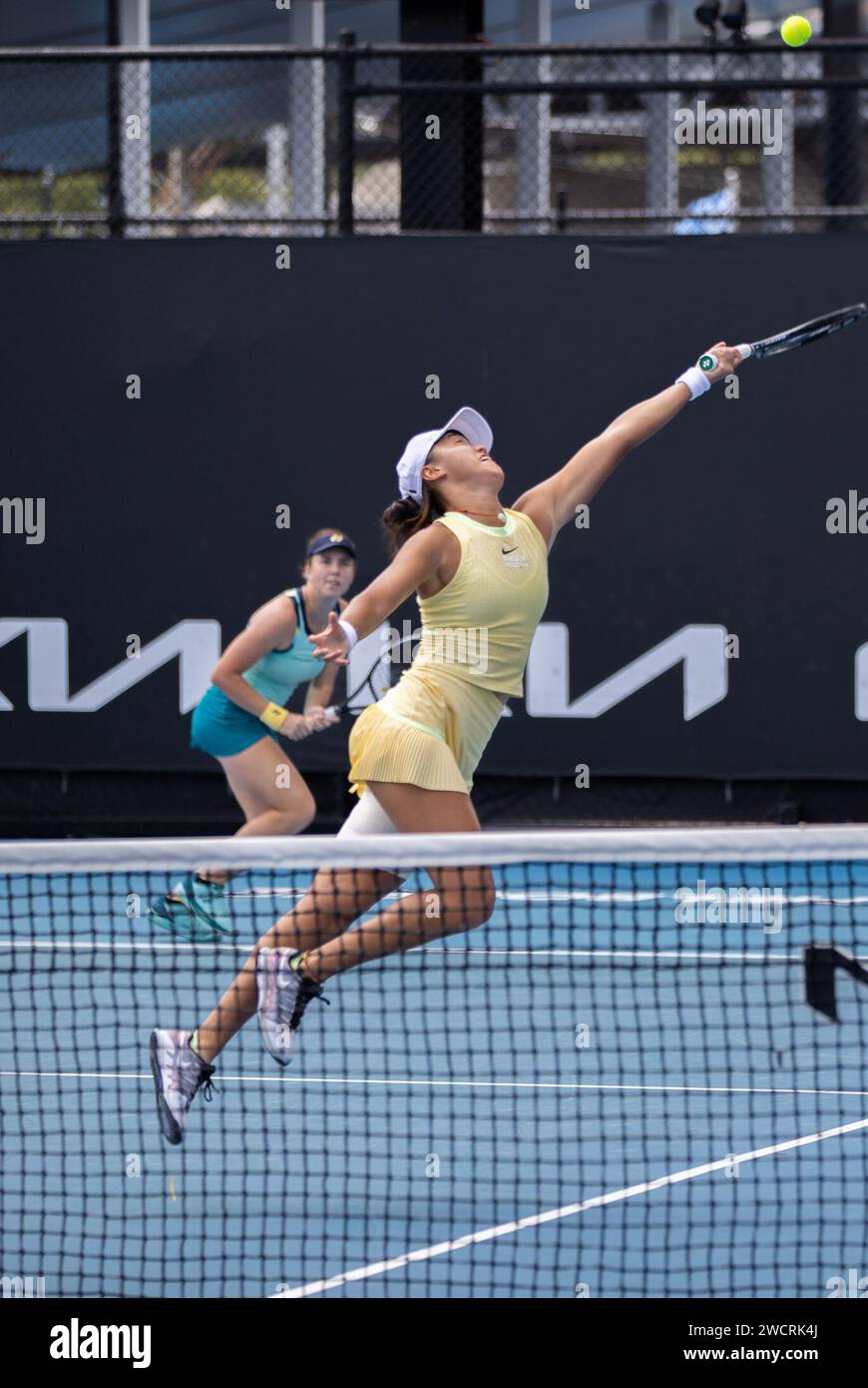 Melbourne, Australia. 17th Jan, 2024. Wang Xiyu (R) and Linda Noskova compete during the women's doubles first round match between Wang Xiyu (China)/Linda Noskova (the Czech Republic) and Australia's Talia Gibson/Priscilla Hon at the Australian Open tennis tournament in Melbourne, Australia, Jan. 17, 2024. Credit: Hu Jingchen/Xinhua/Alamy Live News Stock Photo