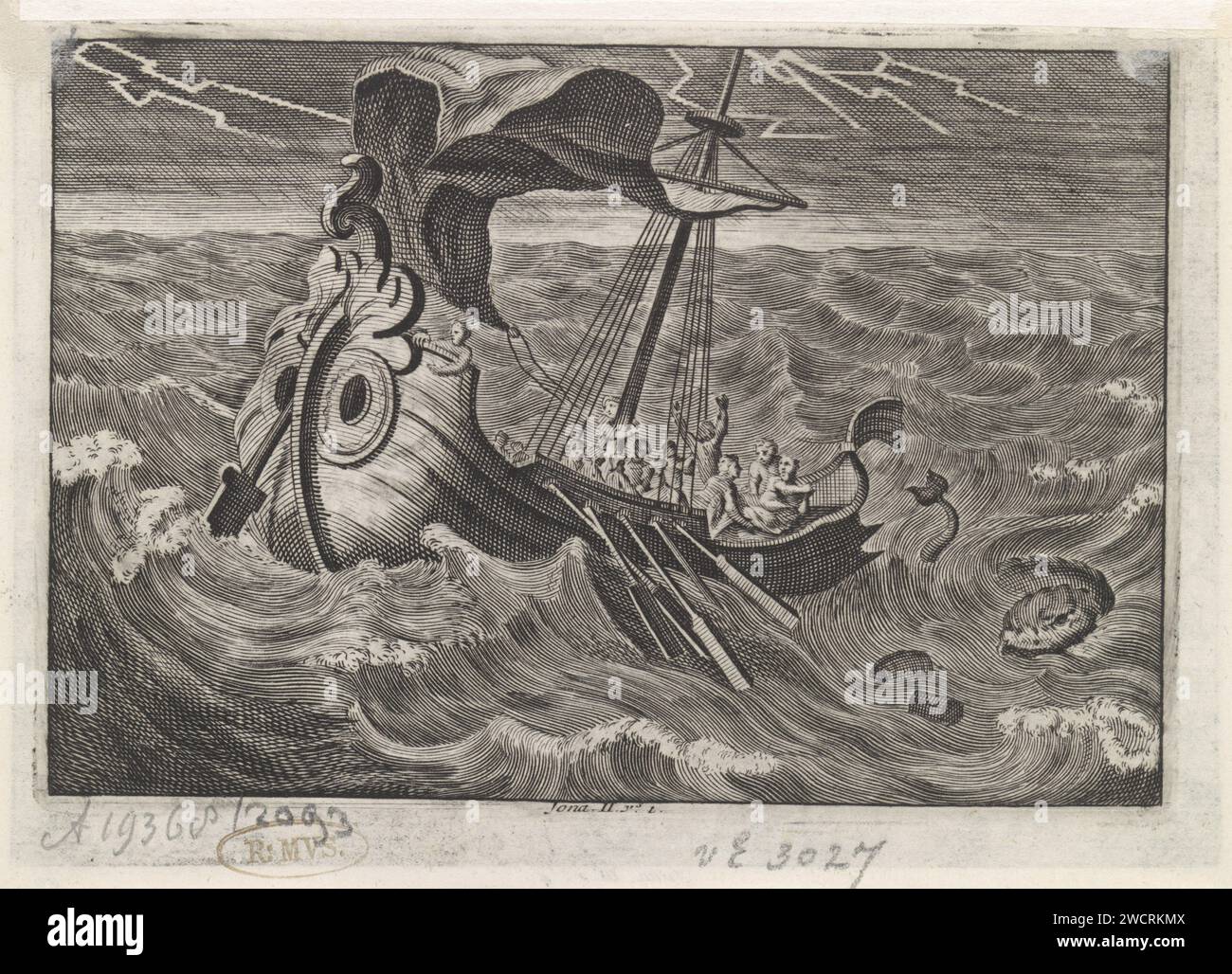 Jonah is thrown overboard by the fishermen, Jan Luyken (Possible), 1703 - 1762 print  Print Maker: Haarlem Publisher: Amsterdam paper etching / letterpress printing the sailors reluctantly throw the prophet Jonah into the sea Stock Photo