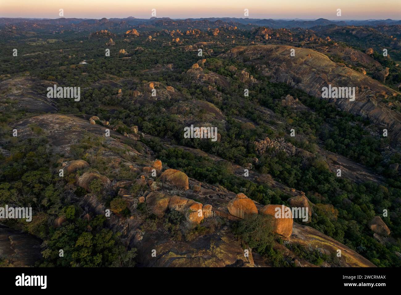 An aerial view of the unique landscape of the Matobo hills in Zimbabwe ...